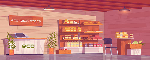 local  store empty interior, grocery shop with ecological production on wooden shelves. dairy products, homemade sausages, bakery and honey, farmer food retail place, cartoon vector illustration
