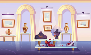 Museum installation, luxury items exhibition gold jewelry necklace and earrings with ruby gemstones on mannequin, female shoes, teapot and elegant vase, pictures in canvas, cartoon vector illustration