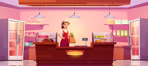 Grocery shop with woman seller holding paper package with products at vendor stall with various food at showcase. Saleswoman in uniform stand at cashier desk of minimarket, Cartoon vector illustration