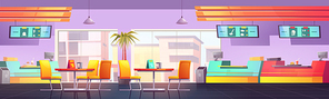 Food court with cafe and restaurants, canteen with counters, tables and chairs. Vector cartoon interior of empty cafeteria in shopping mall with fast food and lunches