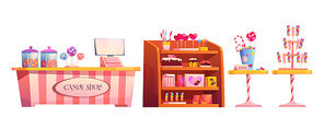 Candy shop empty interior furniture set with various pastry, cashier desk, shelf and tables with chocolate, candycanes and lollipops for sale, sweets decorate elements cartoon vector illustration