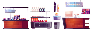 Cosmetics store interior stuff and furniture, makeup or body care beauty shop with cosmetic bottles on showcase shelves, cashier desk with computer. Goods for women cartoon vector illustration, set