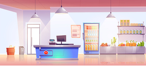 Grocery store with cashier desk empty shop interior with production on shelves and cold drinks in refrigerator, fresh vegetables. Product market, local food retail place, Cartoon vector illustration
