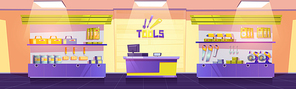 Tools shop with drills, hand saws, screwdrivers and spanners on shelves. Vector cartoon interior of empty store with instruments for construction, repair and carpentry works