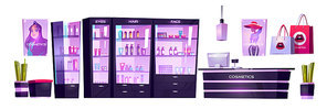 Cosmetic shop with products for makeup, skincare and perfume in showcases. Vector cartoon interior set of beauty store with cashbox on counter, shelves with goods, posters and bags