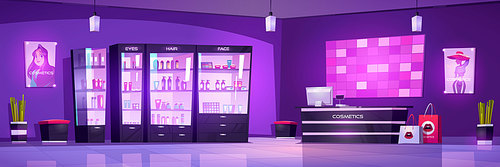 Cosmetics store interior, makeup or body care beauty shop with cosmetic bottles on showcase shelves, cashier desk with computer and fashion banners on wall. Goods for women cartoon vector illustration