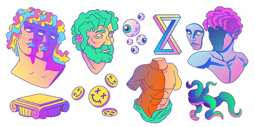 Psychedelic stickers with greek sculpture, eyeballs, tentacles and columns. Vector cartoon set of acid design badges with roman statues heads and torso isolated on white 
