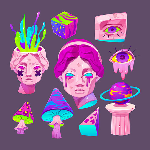 Psychedelic stickers with trendy acid design of greek sculpture. Vector cartoon set of crazy badges with girl statue and planets, eyes, mushrooms isolated on dark background
