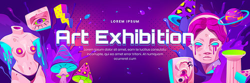 Psychedelic art exhibition banner with trendy acid design of greek sculpture. Vector cartoon crazy poster with girl statue and planet, eyes and mushrooms, background with paint splashes