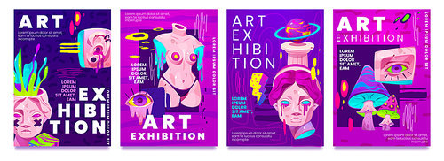 Psychedelic art exhibition invitation banner set with trendy acid design of greek sculpture. Vector cartoon crazy posters with girl statue and planet, eyes and mushroom, background with paint splashes
