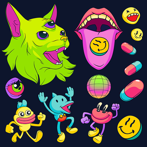 Psychedelic stickers with drugs, cat with three eyes and weird creatures isolated on black background. Vector cartoon set of acid icons, trendy rave design patches