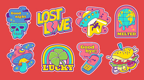 Trendy retro stickers with ufo, clover leaf, mushroom and camera. Vector set of contemporary comic badge or patches with hamburger, melted globe and skull. Kitsch art, psychedelic 90s design