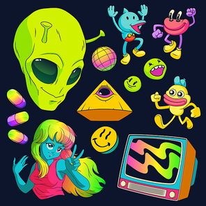 Psychedelic stickers with aliens, drugs and tv isolated on black background. Vector cartoon set of retro hippie icons of blue girl, martian head and pyramid with eye, strange creatures