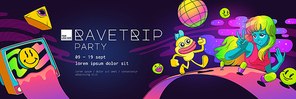 Psychedelic rave trip party banner template, blue girl with colorful hair, drugs and tv, acid background. Vector cartoon horizontal hippie poster with pyramid with eye, strange creature and disco ball