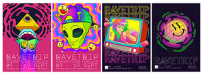Psychedelic rave trip party banner templates set, martian head and mouth with tongue, pyramid with eye and disco ball, acid backgrounds. Vector cartoon hippie posters with druds