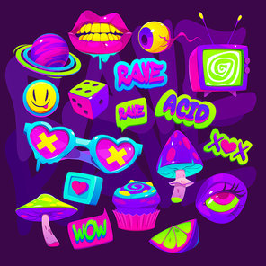 Acid stickers with eye ball, mushrooms and mouth. Psychedelic, rave design of 60s and 70s. Vector cartoon set of weird and crazy hippie icons dice and eye glasses, mouth and drugs