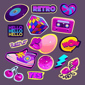 Retro stickers in 90s style. Comic patch badges with lips with bubble gum and Wow speech bubble. Vector cartoon set of cute icons of cassette, vinyl record, rubiks cube, candies and sneakers