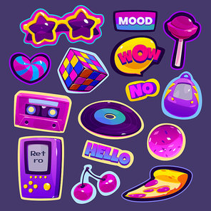 Retro stickers in 90s style. Comic patch badges with star shaped sunglasses, pizza and gameboy. Vector cartoon set of cute icons of cassette, vinyl record, rubiks cube and candies