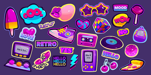 Retro stickers in 90s style. Comic badges with lips with bubble gum, pizza and gameboy. Vector cartoon set of cute icons of cassette, vinyl record, rubiks cube, candies, sunglasses and sneakers