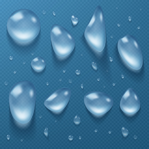 Water drops, clear dews of different shapes and sizes, dripping hydration liquid pure droplets, scatter aqua bubbles, glass balls, spheres isolated on transparent background, Realistic 3d vector set