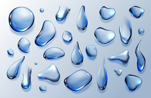 Clear water drops, dew or dripping rain droplets isolated on transparent . Vector realistic set of pure aqua liquid flows, condensation on cool surface