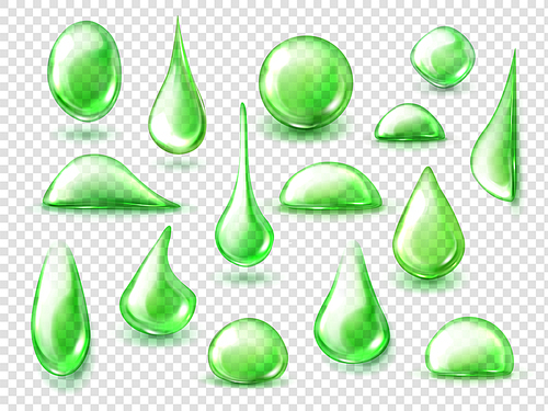 Green drops of water, lime juice, herbal tea or slime liquid drips. Natural cosmetics or fruit drink clear droplets of different shapes isolated on transparent background realistic 3d vector icons set