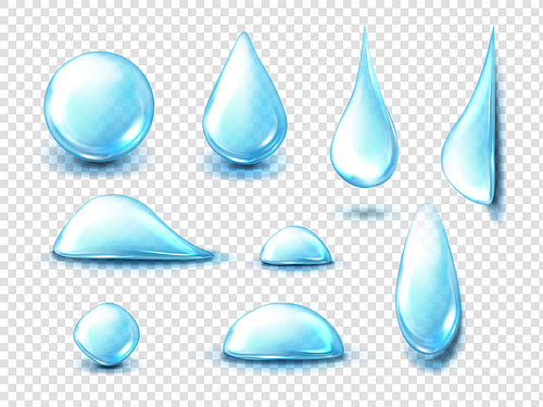 Collagen droplets, clear dews of different shapes, dripping and lying hydration liquid blue pure drops, water bubbles, glass balls, spheres isolated on transparent background, Realistic 3d vector set