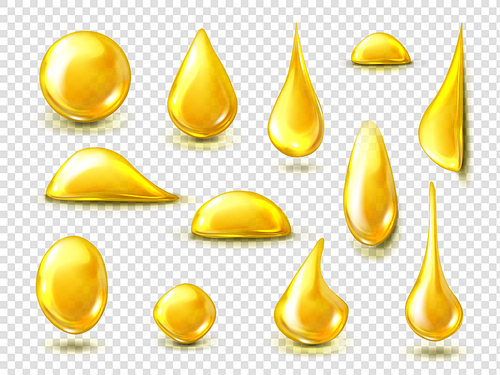 Golden drops of oil or honey isolated on transparent background. Vector realistic mockup of liquid yellow drips of organic cosmetic or food oil, clear golden bubbles