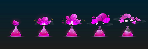 Chemical reaction in flask with explosion and smoke clouds animation sprite. Stages of chemistry laboratory experiment with pink liquid reagent in beaker, isolated tubes with steam, Cartoon vector set