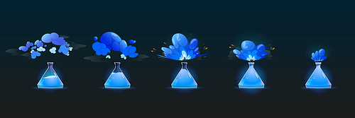 Stages of chemical reaction in lab flask, backwards animation sprite sheet. Scientific laboratory experiment with blue fluid explosion, reagent in beaker and smoke clouds, Cartoon vector illustration