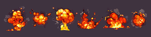 Cartoon dynamite or bomb explosion, fire set. Boom clouds and smoke elements for ui game design. Dangerous explosive detonation, atomic comics detonators for mobile animation, isolated vector icons
