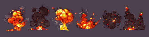 Bomb explosions, blasts with fire and black smoke clouds. Vector cartoon set of burst with flame and flash from dynamite, nuclear weapon or rocket hit isolated on background