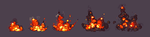 Cartoon dynamite or bomb explosion fire animation sprite sheet, sequence frame. Boom clouds and smoke elements for ui game. Dangerous explosive detonation, atomic comics detonators isolated vector set