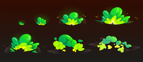 Green burst sprites for game or animation. Vector storyboard of cartoon explosion with color clouds. Set of sequence explode with green powder or dust splash isolated on black background