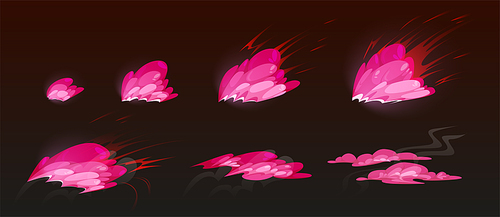 Pink burst sprites for game or animation. Vector storyboard of cartoon explosion with color clouds. Set of sequence explode with pink powder or dust splash isolated on black background