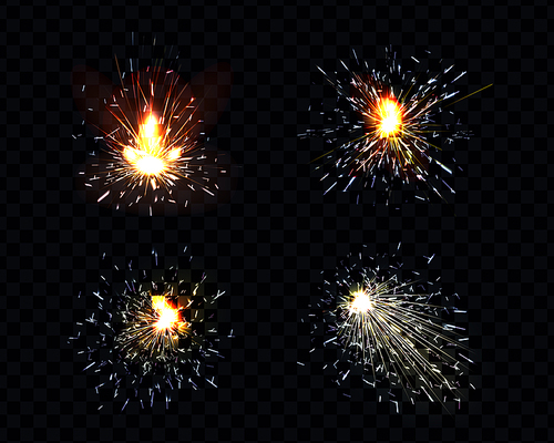 Sparks fire set, sparkler, petard weld or firework flare. Bright glowing light with scatter flying particles isolated on black or transparent background background, Realistic 3d vector illustration