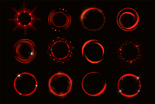 Glow red circles with sparkles and smoke, magic light effect. Vector realistic set of shiny rings and swirls, round frames of neon flare and glitter dust isolated on black background