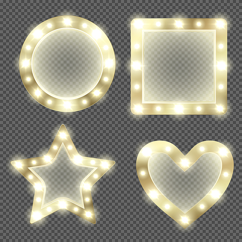 Makeup mirror in gold frame with light bulbs. Vector realistic round, square, heart and star shape mirrors for theater actors or fashion model dressing room isolated on transparent background