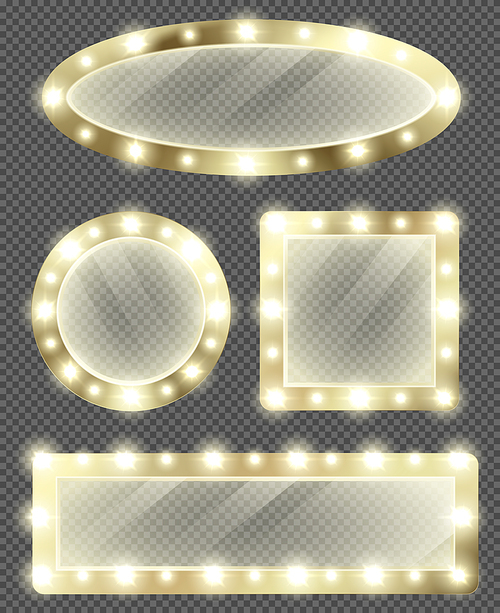 Makeup mirror in gold frame with light bulbs. Vector realistic different shapes mirrors for theater actors or fashion model dressing room isolated on transparent background