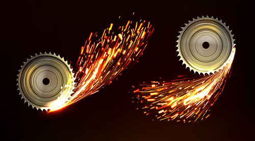 Circular saw blades with sparks, metal work with welding fire sparkling flare trail. Bright glowing light of electric disk, industrial factory production manufacturing Realistic 3d vector illustration