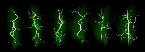 Ground cracks with neon green light top view. Vector realistic set of lightning, thunderbolt, electric impacts isolated on black background. Cracks of land destruction with magic glow