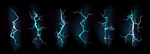 Lightning, electric thunderbolt strike of blue color. Impact, crack, magical energy flash. Powerful electrical discharge, Realistic 3d vector bolts during night storm isolated set on black background