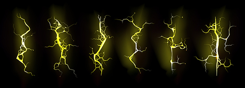 Set of yellow lightning, electric thunderbolt strike during night storm. Powerful electrical discharge, impact, crack, magical energy flash. Realistic 3d vector bolts isolated on black background