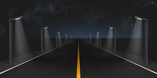 Highway road or city street with street lights at night. Vector realistic illustration of landscape with straight black asphalt road, modern led lanterns and stars in dark sky