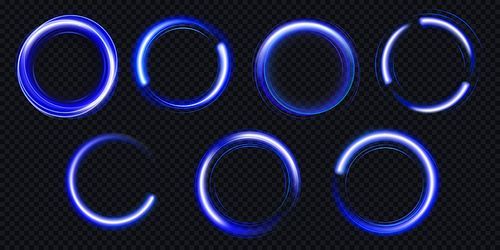 Glow circles with sparkles, magic light effect with glitter dust. Vector realistic set of blue shiny rings and swirls, round frames of flare trail isolated on transparent background