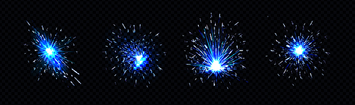 Blue sparks of welding, firework petard flare, sparklers or iron cutting works. Bright glowing light flashes with particles, electric circular saw isolated on black background, Realistic 3d vector set