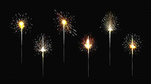 bengal fire set, sparkler lights for christmas, birthday party or new year celebration isolated on transparent . vector realistic 3d illustration of burning firework on stick with sparkles