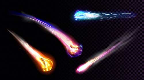 Falling comets, asteroids or meteors with flame trail isolated on transparent background. Vector realistic set of flying glowing meteorites from space, fireballs burning in Earth atmosphere