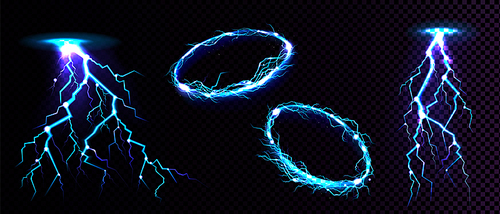 Electric circle and lightning strike, impact place, plasma ring or magical energy flash in blue color isolated on black background. Powerful electrical discharge, Realistic 3d vector illustration