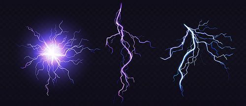 Electric ball and lightning strike, impact place, plasma sphere or magical energy flash of blue and lilac colors isolated on black background. Powerful electrical discharge, Realistic 3d vector set